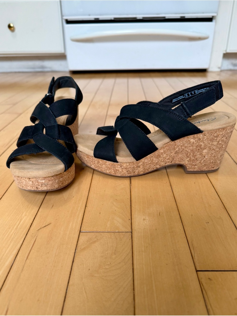 Clarks Black Crisscross Cork Wedge Sandals